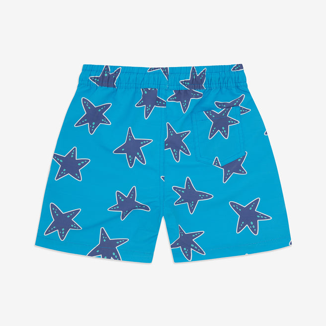 Blue UV Protective Swim Shorts with a starfish pattern. The shorts have an elastic waistband and a pocket on the right side.